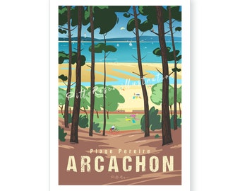 Poster Arcachon, Poster Plage Pereire, Poster landscape France, Illustration beach, Poster PittoResco, Drawing Atlantic Ocean