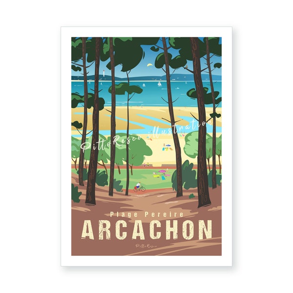 Affiche Arcachon, Poster Plage Pereire, Affiche paysage France, Illustration plage, Affiche PittoResco, Dessin océan atlantique