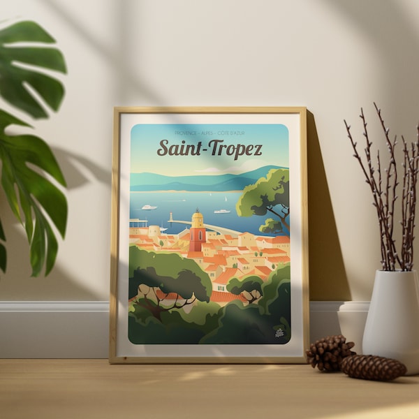 Illustration Saint-Tropez, dessin, affiche ville France, Illustration paysage var, provence alpes côte d'azur, Affiche PittoResco