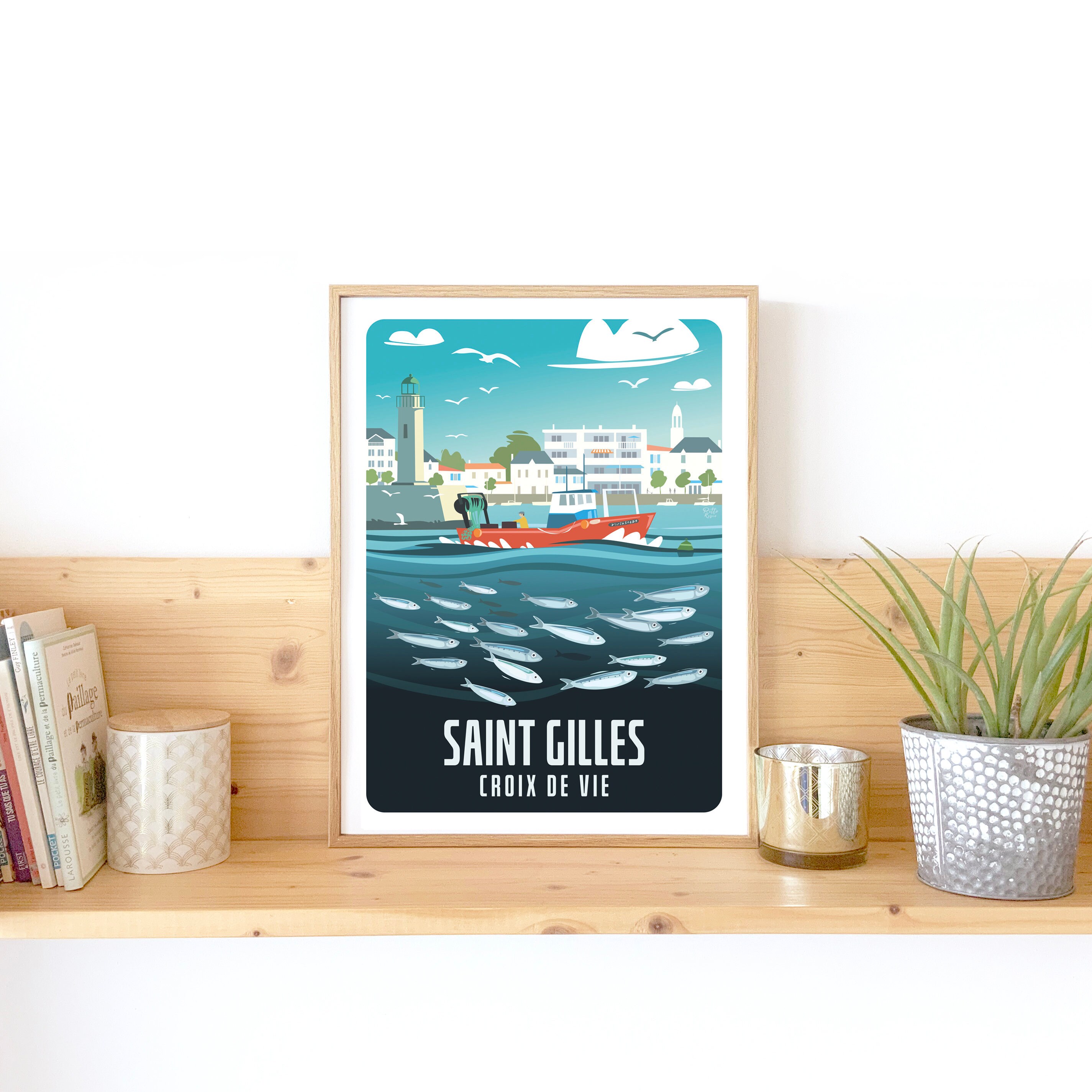 Illustration St Gilles 30x40, Affiche Saint Croix de Vie, Port, Côte Atlantique, Illustration Paysag
