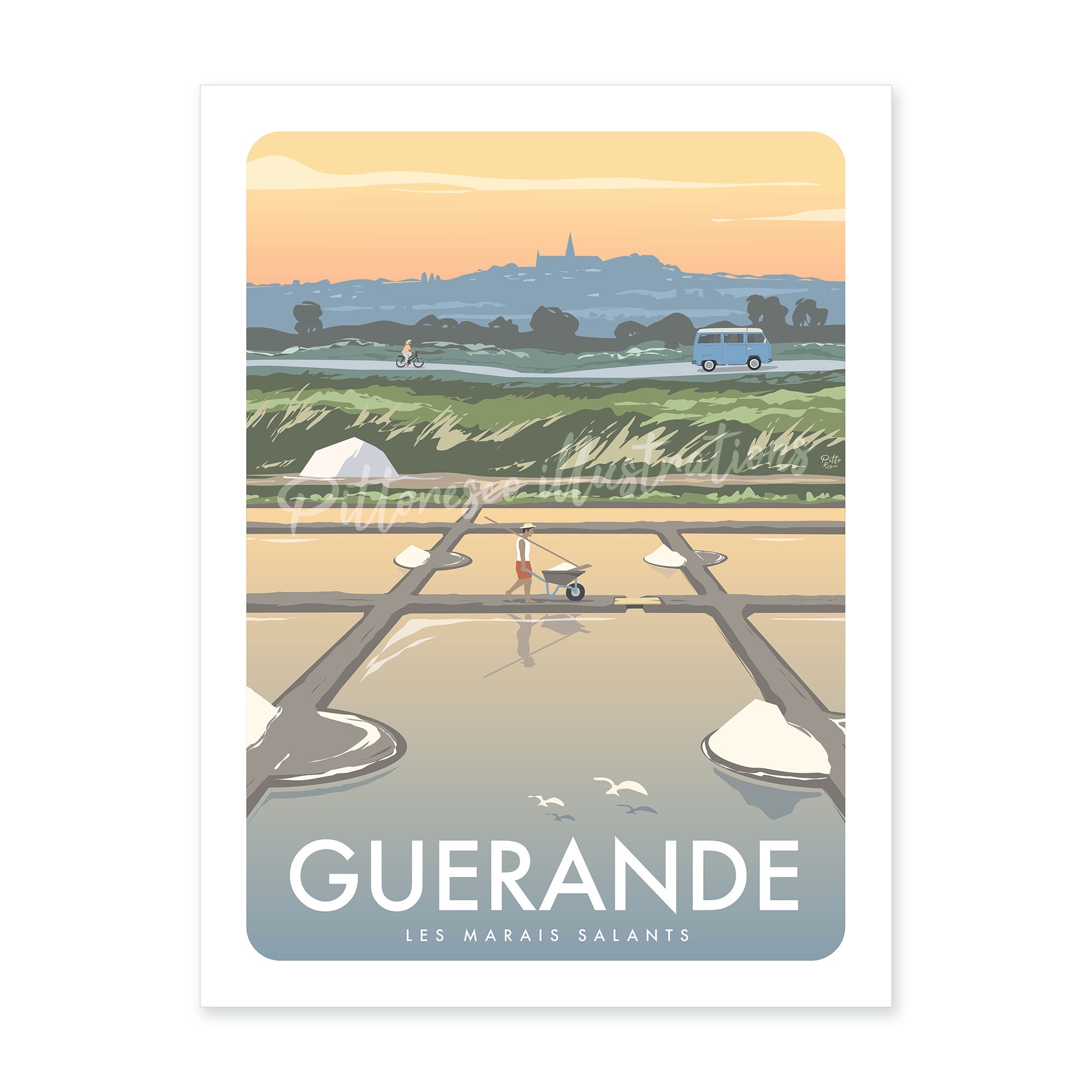 Illustration Guérande, Tableau Marais Salants, Décoration Paysage France, Illustration Marais, Affic