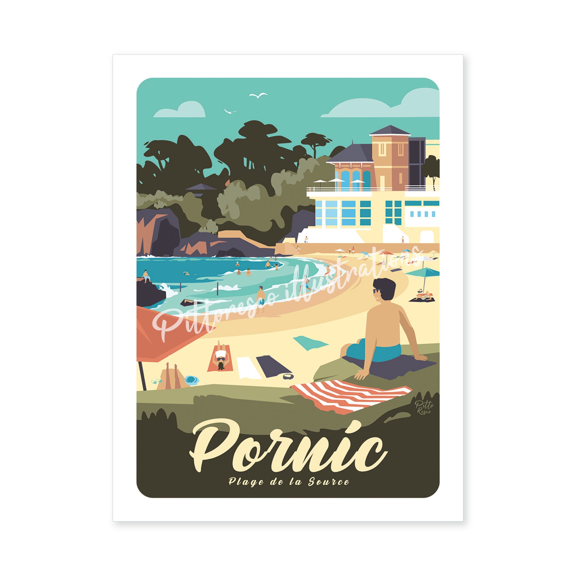 Illustration Pornic 30x40, Poster Plage de La Source, Affiche Côte Atlantique, Illustration Paysage