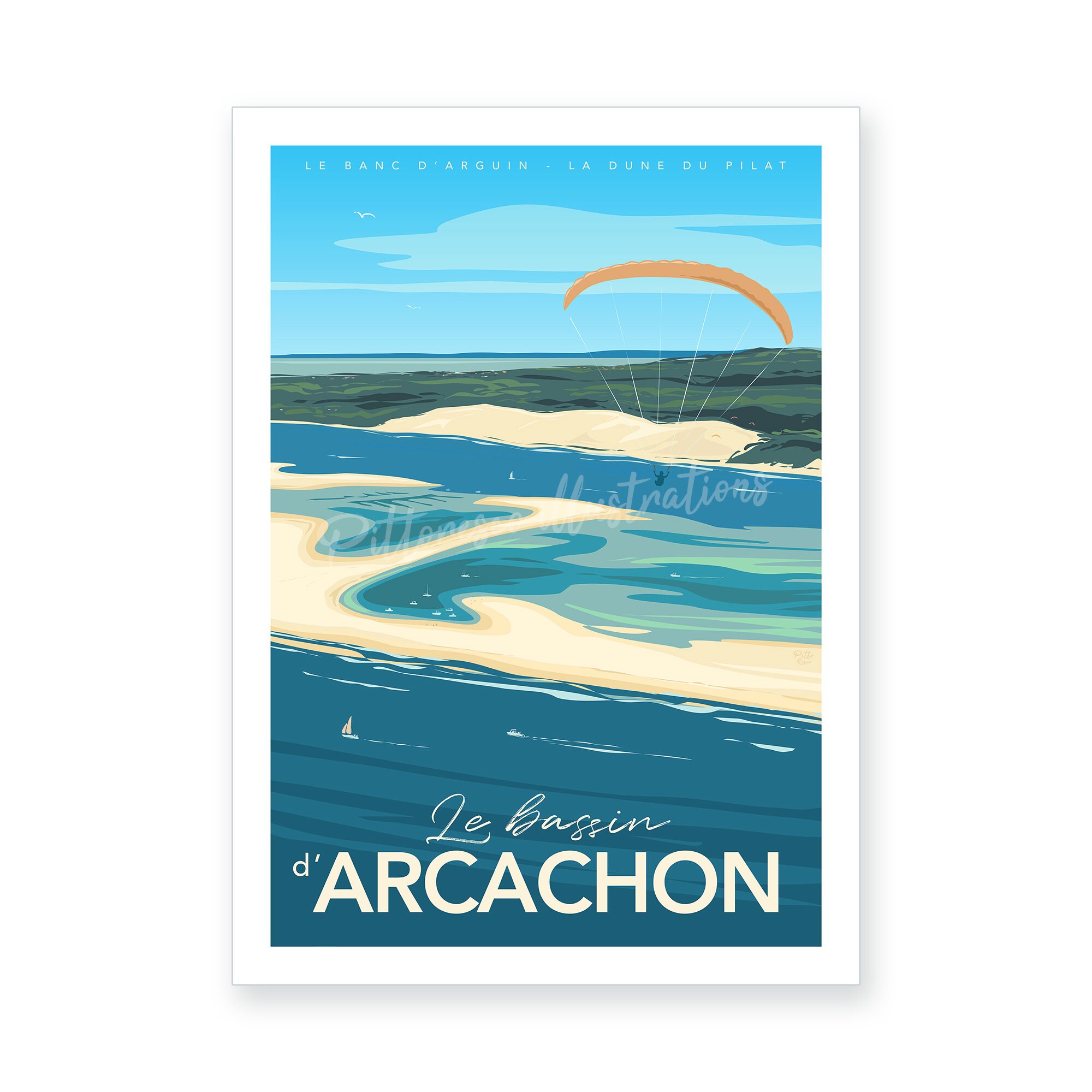 Affiche Bassin d'arcachon, Poster Arcachon, Affiche Gironde, Illustration Paysage France, Vacances,