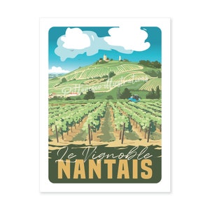Peut inclure: Une illustration colorée d'un paysage de vignoble avec des collines vallonnées, un ciel bleu avec des nuages blancs et un tracteur au premier plan. Le texte "Le Vignoble Nantais" est écrit dans une police de caractères stylisée en bas de l'image.