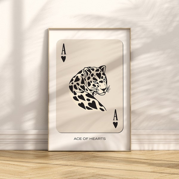 Cheetah Leopard Valentine Heart Print, Trendy Retro Wall Art, Tan Ace of Hearts Card Poster, Trendy Wall Art, Digital Deck of Cards