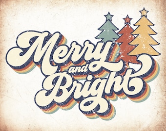 Merry And Bright png, Retro Merry Christmas Png clipart, Merry and Bright digital Christmas png, Retro Sunset Background with Tree png
