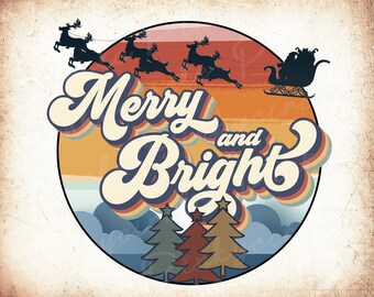 Merry And Bright png, Retro Merry Christmas Png clipart, Retro Sunset Background with Tree png, Merry and Bright digital Christmas png