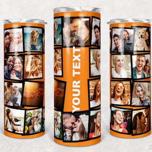 Fügen Sie Ihren Text hinzu 18 Fotocollage 20 Unzen Skinny Tumbler PNG Sublimation, Rahmen Foto Tumbler Vorlage, Foto Collage Full Wrap Digitaler Download