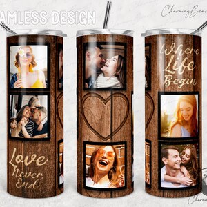 Wood Grain, Heart Photo Tumbler Template, Png Sublimation Photo Collage 20oz Skinny Tumbler 6 Picture Tapered, Straight Waterslide Full Wrap