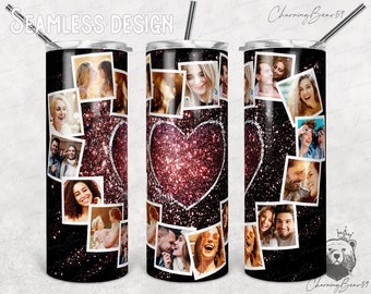 Heart Frame Photo Tumbler, 20oz Skinny Red Glitter Photo Collage Tumbler Love Png Sublimation Tapered, Straight Waterslide Full Wrap Digital