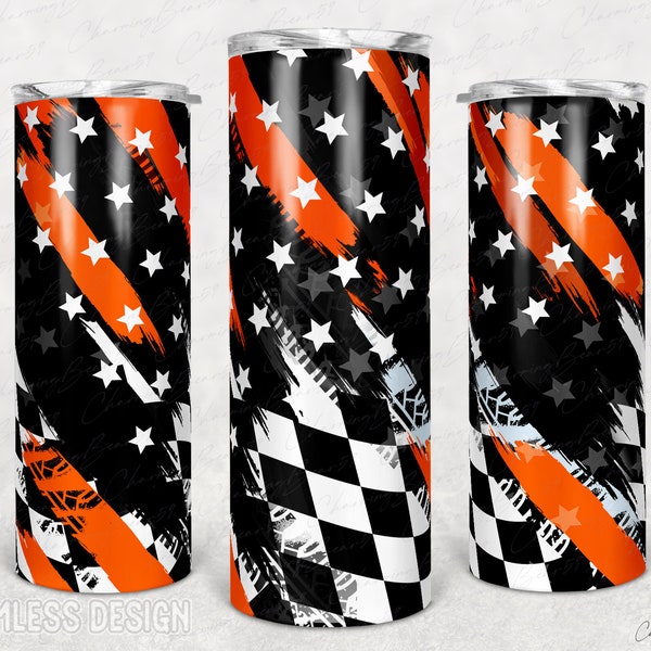 Summer Nights And Dirt Track Lights Png, Checkered flag, Racing tumbler 20oz Skinny Sublimation, Black Orange glitter Tumbler Wrap