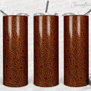 Tooled Leather Pattern Tumbler Template, Western Tumbler, Leather Tumbler Png, Paisley Tumbler Png Sublimation 20oz Skinny Tumbler Wrap