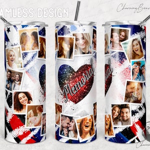 Vierter Juli Becher 20 Unzen Skinny Herz Rahmen Foto Tumbler Vorlage, Foto Collage Tumbler Liebe Png Sublimation Full Wrap Digital