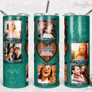 Holzmaserung, Menschen leben Familie, Zitat zur Familiendefinition, Rahmen, Fotorahmen, Tumbler, PNG-Sublimation, 20 oz dünn, blaugrüner Tumbler nahtlos
