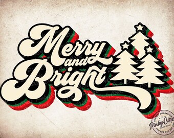 Merry And Bright png, Retro Merry Christmas Png clipart, Merry and Bright digital Christmas png, Retro Sunset Background with Tree png