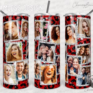 Roter Leopard-Rahmen Foto Tumbler-Vorlage Png Sublimationsbecher Wrap, Fotocollage 20 Unzen Skinny Tumbler Tapered, Straight Full Wrap