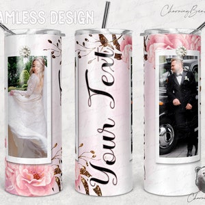 2 fotos Glitter, Mr and Mrs Tumbler, Imagen de aniversario de boda, vaso floral, Sublimación de vaso de fotos recto y cónico flaco de 20 oz