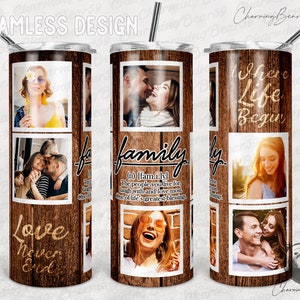 Grano de madera, cita de definición familiar, personas viven en familia, marco de fotos vaso png sublimación 20 oz flaco, recto cónico sin costuras