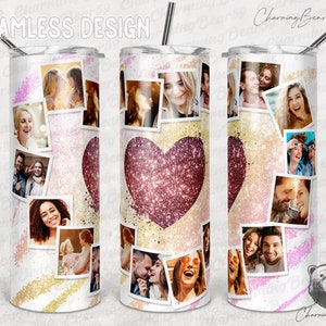 20 Unzen Skinny Herz Rahmen Foto Tumbler Vorlage, Foto Collage Tumbler Liebe Png Sublimation Tapered, Straight Waterslide Full Wrap Digital
