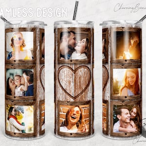 Vaso familiar, Plantilla de vaso de collage de fotos de corazón de grano de madera, Vaso de marco familiar de imagen, Sublimación de regalo de cumpleaños de boda