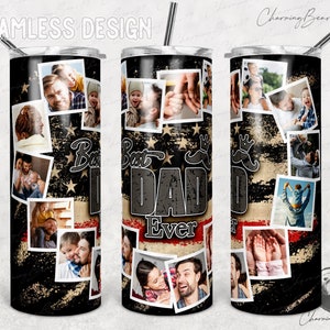 Puede incluir: Un vaso de acero inoxidable con un diseño de bandera americana desgastada en negro y beige. El vaso presenta el texto "Best Dad Ever" e incluye varias fotos enmarcadas. Un gran regalo para el Día del Padre.