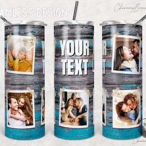 5 Foto Tumbler Wrap, Rahmen Foto Tumbler Vorlage, Holzmaserung Png Sublimation, 5 Foto Collage Rahmen, Foto Collage 20 Unze Skinny Tumble PNG