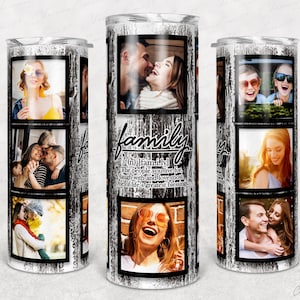 8-Foto-Collage-Becherverpackung, 8-Foto-Becherverpackungsvorlage, Fotobecher-Vorlage mit Holzrahmen, Fotocollage 20oz Skinny Tumbler Sublimation