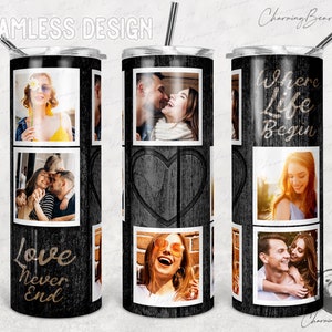 Grain du bois, citation sur la définition de la famille, cadre photo, cadre photo, sublimation dans le gobelet, 6 collages de photos dans le verre, People Live Family, sans couture