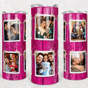 Rustic wood grain tumbler png, 6 Photo Frame Hot pink tumbler wrap 20oz Skinny Tumbler Sublimation, Pink wood PNG Full Tumbler Wrap Png