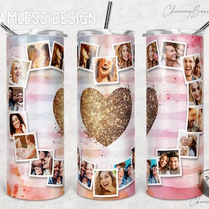 Herzrahmen Fotobecher Vorlage, 18 Fotocollage 20 Unzen Skinny Tumbler Png Sublimation Verjüngt, Gerade Wasserschiebefolie Full Wrap Digital