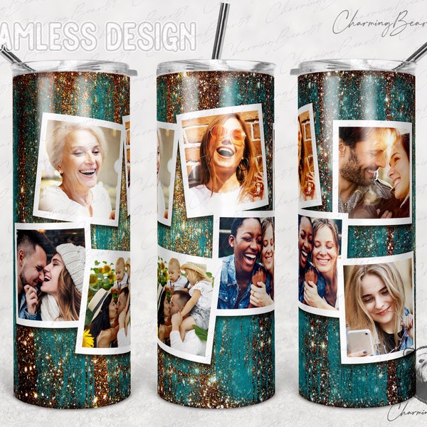 7 photo tumbler wrap, Frame Photo Tumbler Template, Png Sublimation Photo Collage 20oz Skinny Tumbler Tapered, Straight Digital Download