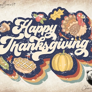Vintage Thanksgiving, Joyeux Thanksgiving vintage, vintage Joyeux Noël PNG Téléchargements de dessins par sublimation Style des années 70 Joyeux Thanksgiving PNG