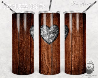 Sublimación png de vaso flaco de 20 oz, plantilla de diseño de vaso de corazón, envoltura de vaso de amor, fondo de vaso de madera, PNG de veta de madera sin costuras