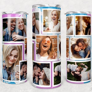 8 photo tumbler wrap, Frame Photo Tumbler Template, Blue tumbler wrap with photos, Photo Collage 20oz Skinny Tumbler Blue tumbler wrap women