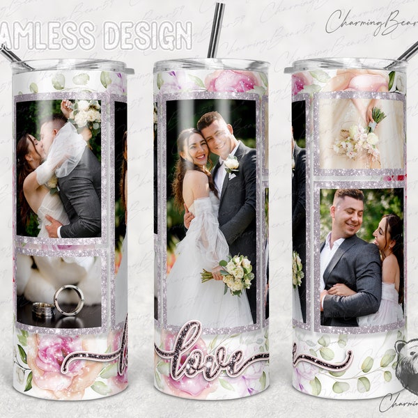 Mr and Mrs Tumbler, Picture Wedding Anniversary, Floral Tumbler Wrap, Floral Seamless Sublimation Designs, Glitter 20oz Skinny Photo Tumbler