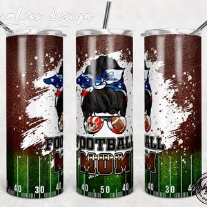 Football Mom Tumbler Sublimation Design, Messy bun football field tumbler Leather Tumbler 20 oz Skinny Wrap Seamless Designs Template PNG
