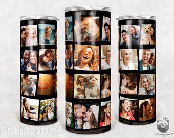 Könnte beinhalten: Ein Edelstahlbecher mit einer Collage von Fotos von Menschen, darunter Familien und Paare. Die Fotos sind in einem Raster angeordnet und zeigen verschiedene Posen und Gesichtsausdrücke.