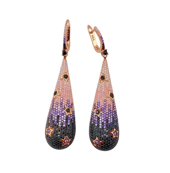 Orecchini Pendenti Donna Argento 925 Con Cristallo Zirconi Rosa, Gioiello Artigianale Ipoallergenico