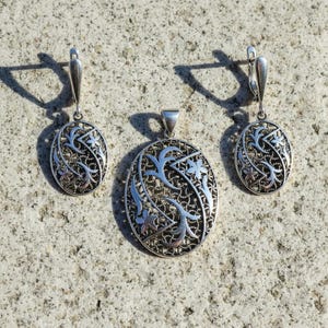 Sterling Silver 925 Oval Flower Jewellery Set Pendant Dangle Drop Earrings Floral Filigree Design Women Girl Handmade Jewellery Gift Present image 2