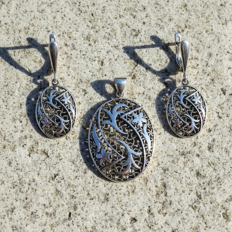 Sterling Silver 925 Oval Flower Jewellery Set Pendant Dangle Drop Earrings Floral Filigree Design Women Girl Handmade Jewellery Gift Present image 2
