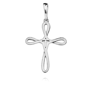 Peut inclure: Un pendentif en argent en forme de croix infinie avec un petit motif de croix au centre.
