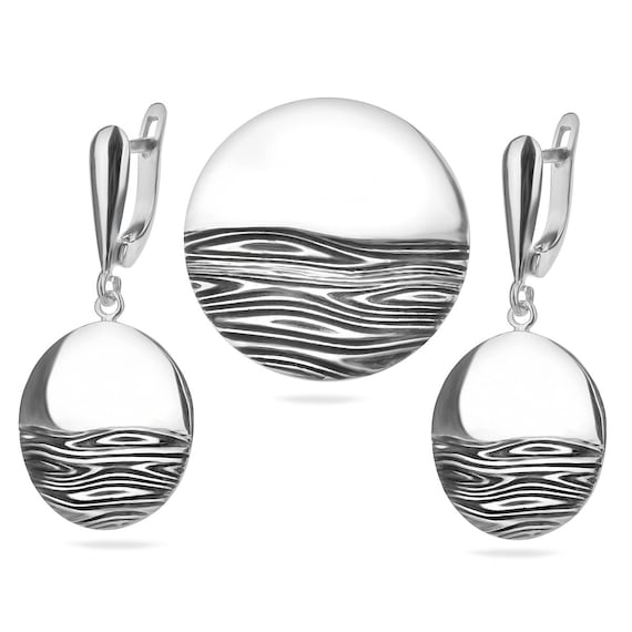 Sterling Silver 925 Round Pendant Dangle Drop Earrings Set Ocean Sea Nature Inspired Necklace Charm Textured Jewellery Gift Present