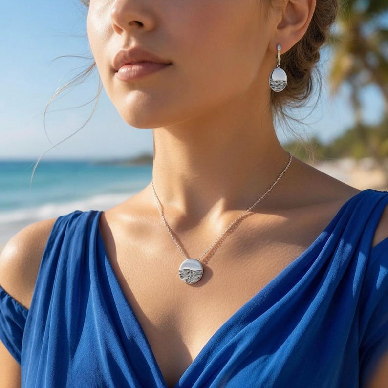 Juego de pendientes colgantes redondos de plata de ley 925 con diseño inspirado en la naturaleza del océano y el mar, joyería texturizada, regalo. imagen 4