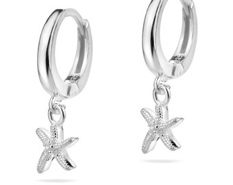 Starfish Dangle Drop Mini Huggie Hoop Earrings Sterling Silver .925 Ocean Seaside Statement Beach Glam Gemstone Jewelry Gift Present