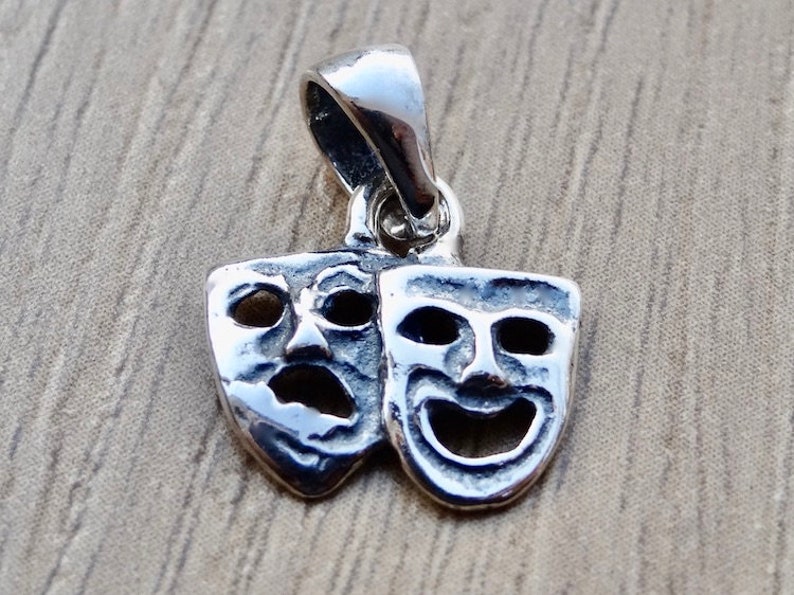 Sterling Silver .925 Pendant Drama Theatre Mask Happy Sad Face Unisex Jewellery Necklace Charm Gift Idea
