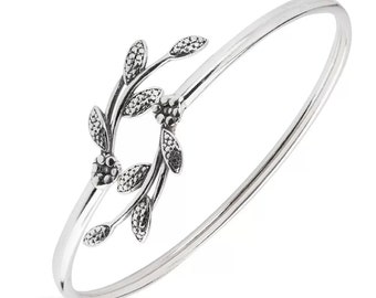 Leaves Wrap Bangle Bracelet Sterling Silver 925 Leaf Nature Inspired Lovers Adjustable Size Wraparound Wrist Cuff Handcrafted Jewelry