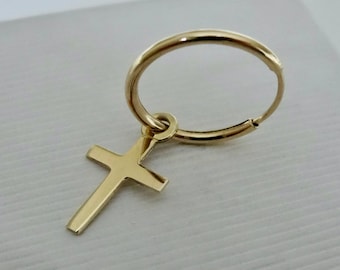 Cruz 14K amarillo oro pendiente sin fin alambre aro Mini aro encanto minimalista religiosa simple joyería simple