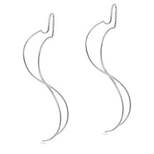 May include: A pair of silver, open-hoop earrings with a twisted, curved design.