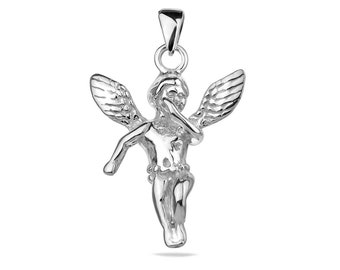 Schutzengel glänzend Anhänger Sterling Silber .925 Cherub Wings Talisman Unisex Charm Medaillon Halskette Kette Schmuck Geschenk Idee poliert