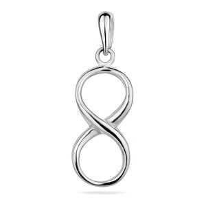 May include: A silver infinity symbol pendant charm. The pendant is a simple, continuous loop design.